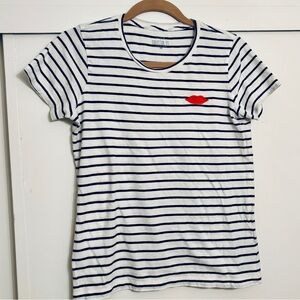 J. Crew Collector’s tee - white w/ black stripes and red lip embroidery